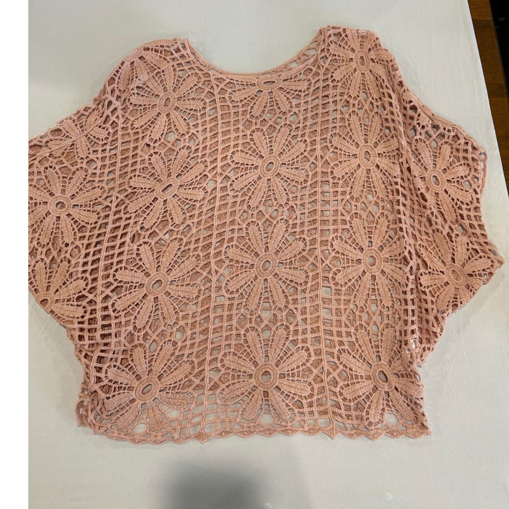 Dusty Rose Mauve Pink Crochet Floral Lace Poncho Top One Size Boho Cottagecore - Picture 2 of 9